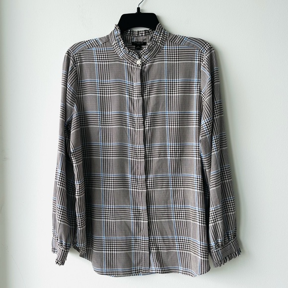 Ann Taylor Brown Blue Houndstooth Print Long Sleeve Button Up Top Large Petite - Picture 1 of 11
